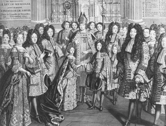 Hochzeit von Louis de France (1682-1712), Herzog von Burgund, mit Marie Adelaide de Savoie (1685-1712) in der Königlichen Kapelle von Versailles, Dezember 1694, in Anwesenheit von König Ludwig XIV.